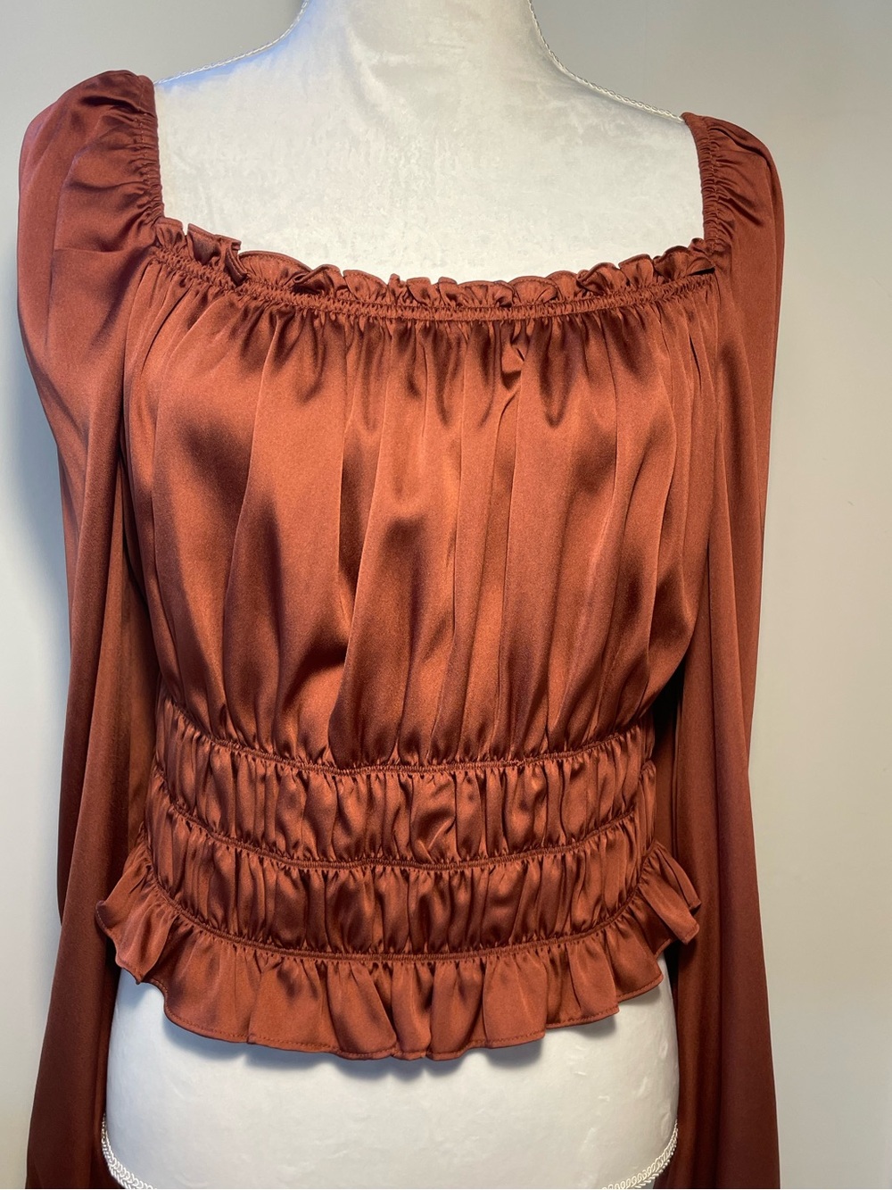 Smocked Waist Rust Satin Blouse with Square Neck